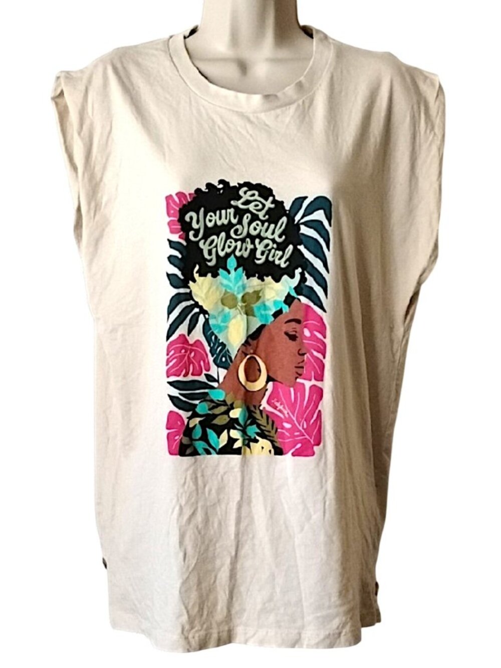 Funky Buddha Organic Cotton Graphic T-shirt L Cream Pink Let Your Soul Glow Girl